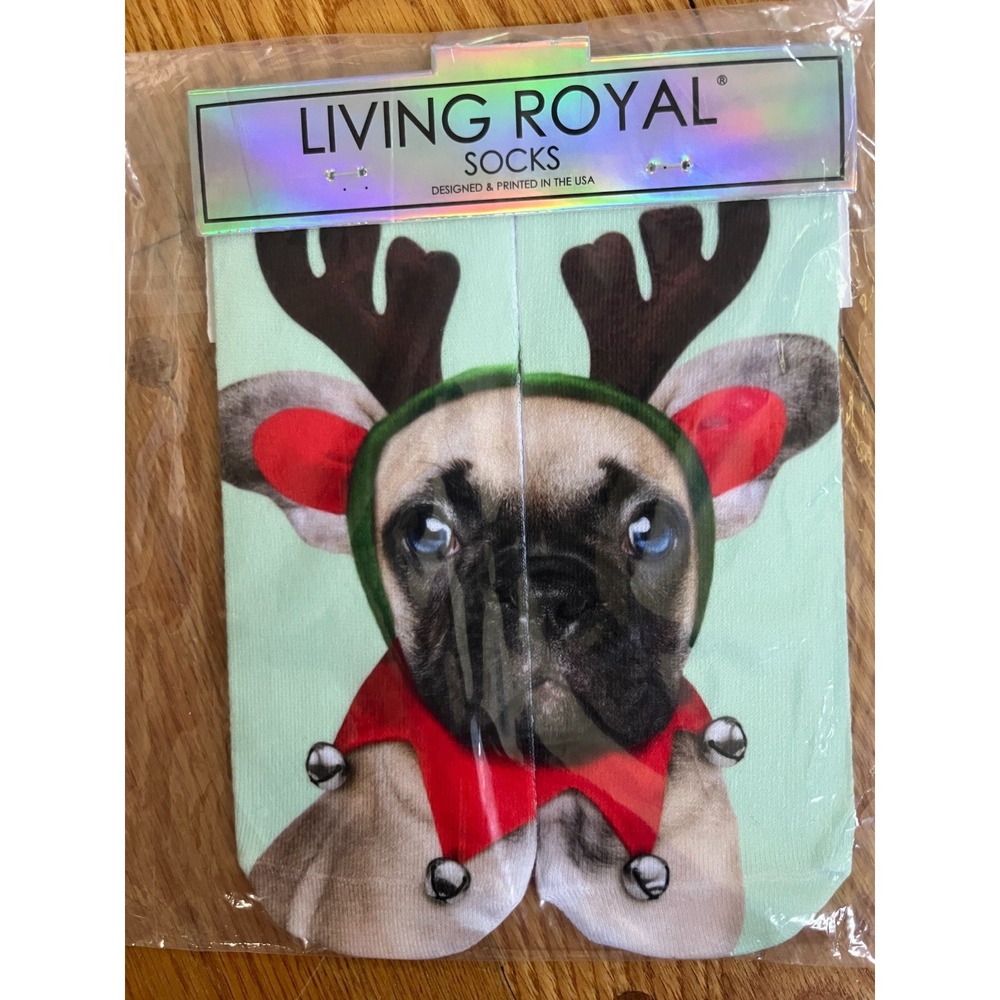 Living Royal Christmas Socks  with Pug Reindeer Antlers, New Sealed One Size